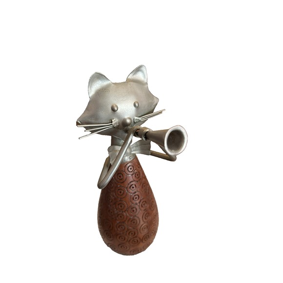 Whimsical Cat Playing a Horn statue 10 in tall wood and metal - Picture 1 of 6